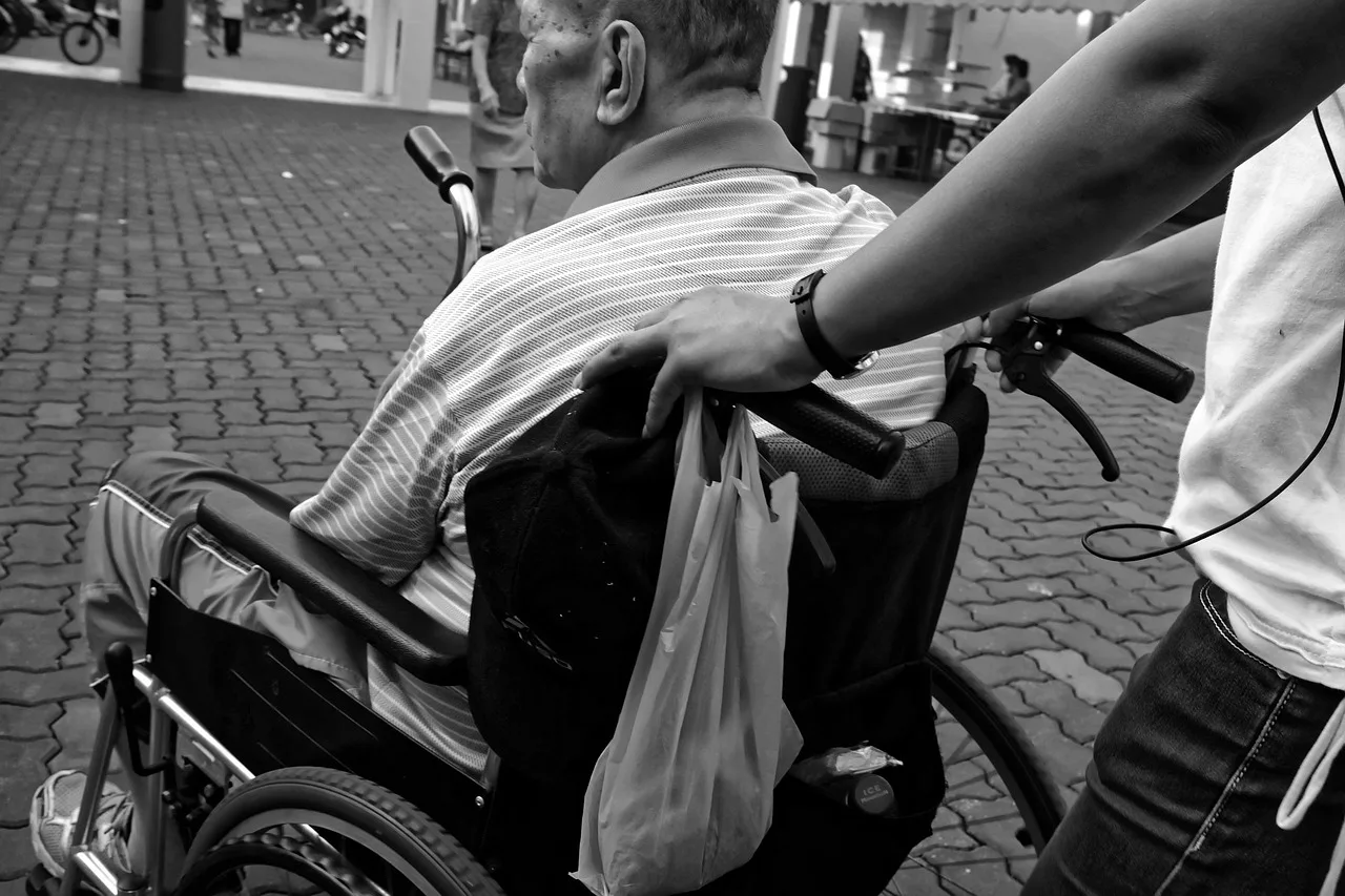 wheelchair, elderly, man, pushed, carer, black and white photo, gray elderly, wheelchair, carer, carer, carer, carer, carer. NEMT startup: choosing modes and trip patterns