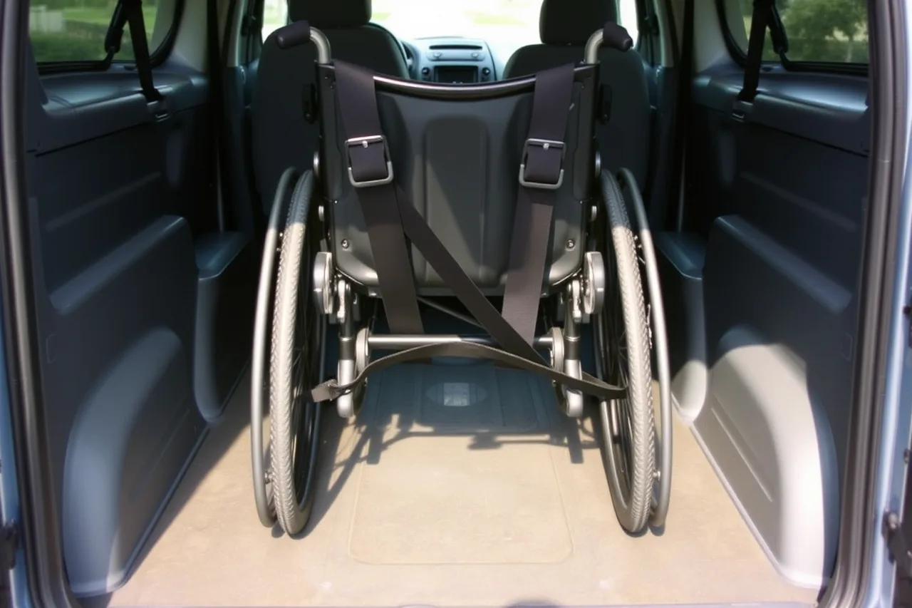 Four-point tie-down straps securing a wheelchair inside an accessible NEMT van (The ADA and wheelchair-accessible vehicle rules for NEMT fleets)