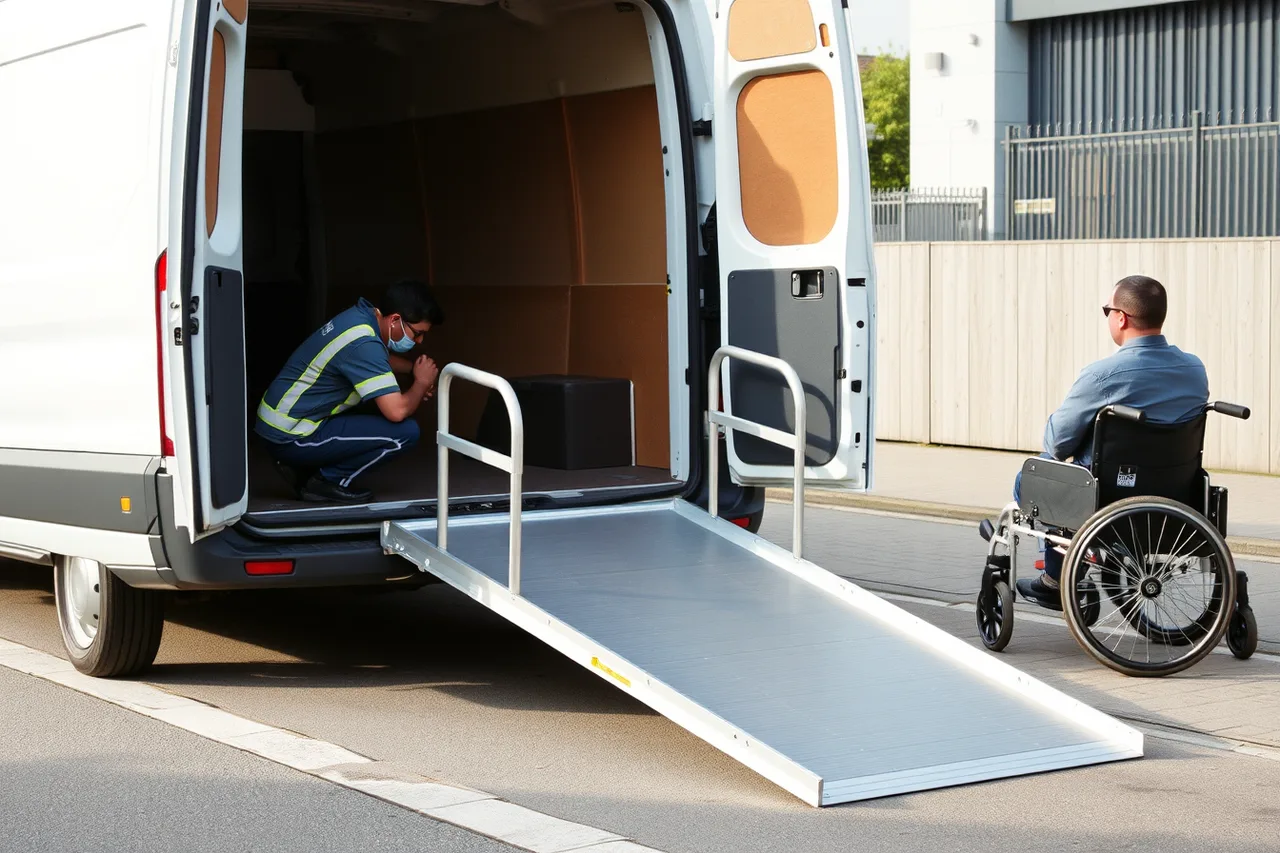 Candidate deploying a wheelchair ramp on a transit van (How to run an NEMT hiring process that actually predicts retention)
