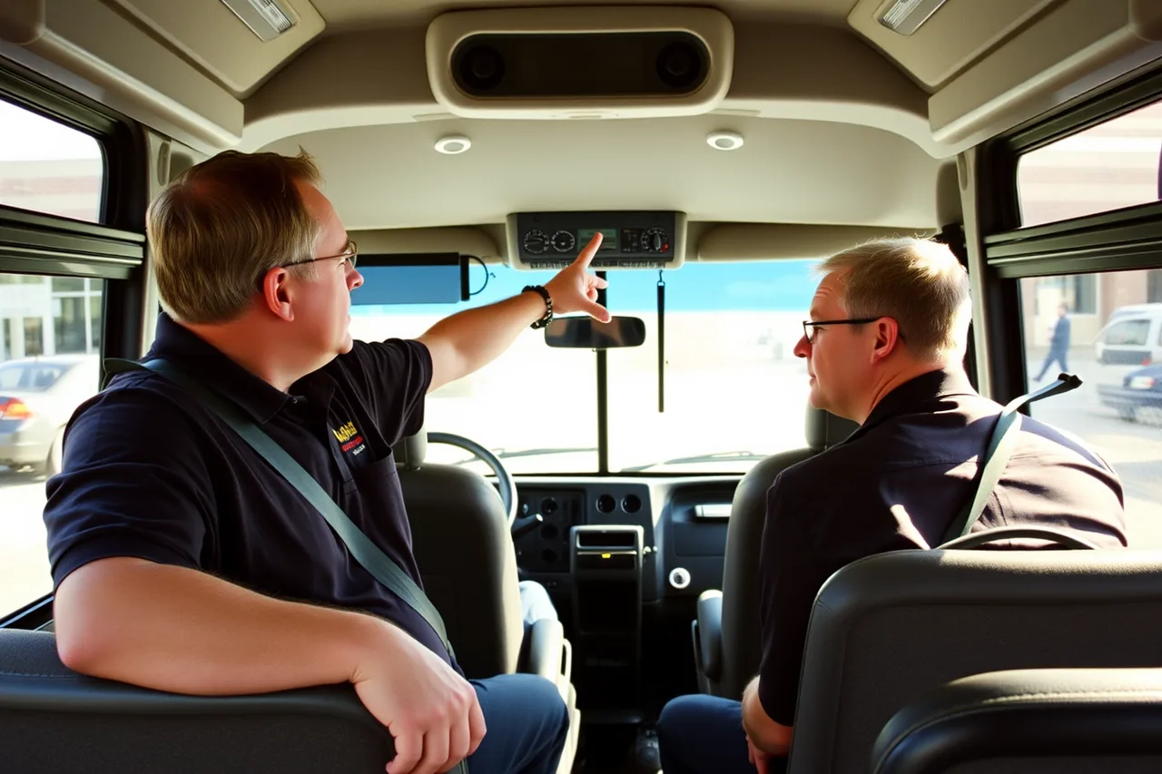 Experienced driver coaching a new driver inside a transit bus (How to run an NEMT hiring process that actually predicts retention)