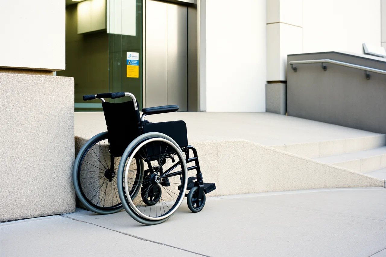 Wheelchair user entering a clinic through a sloped side entrance beside a working elevator (Nemt discovery call with the guesswork removed)