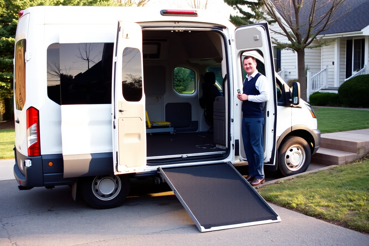 Wheelchair ramp deployed from a van at a sloped driveway (Starting an NEMT business begins with naming the demand precisely)