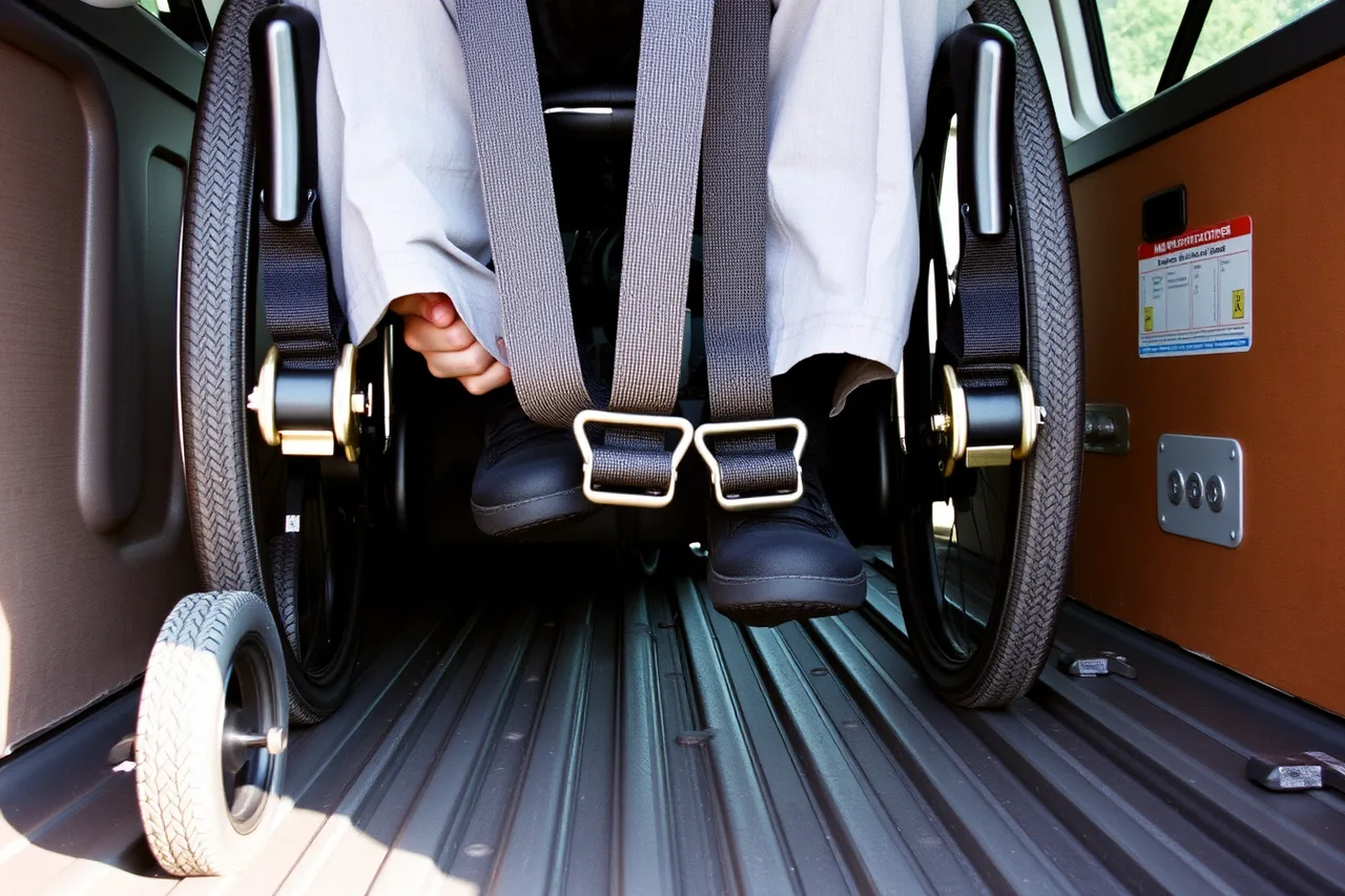 Four-point wheelchair tie-down straps anchored to floor track in a van (What a serious nemt employee training checklist covers)