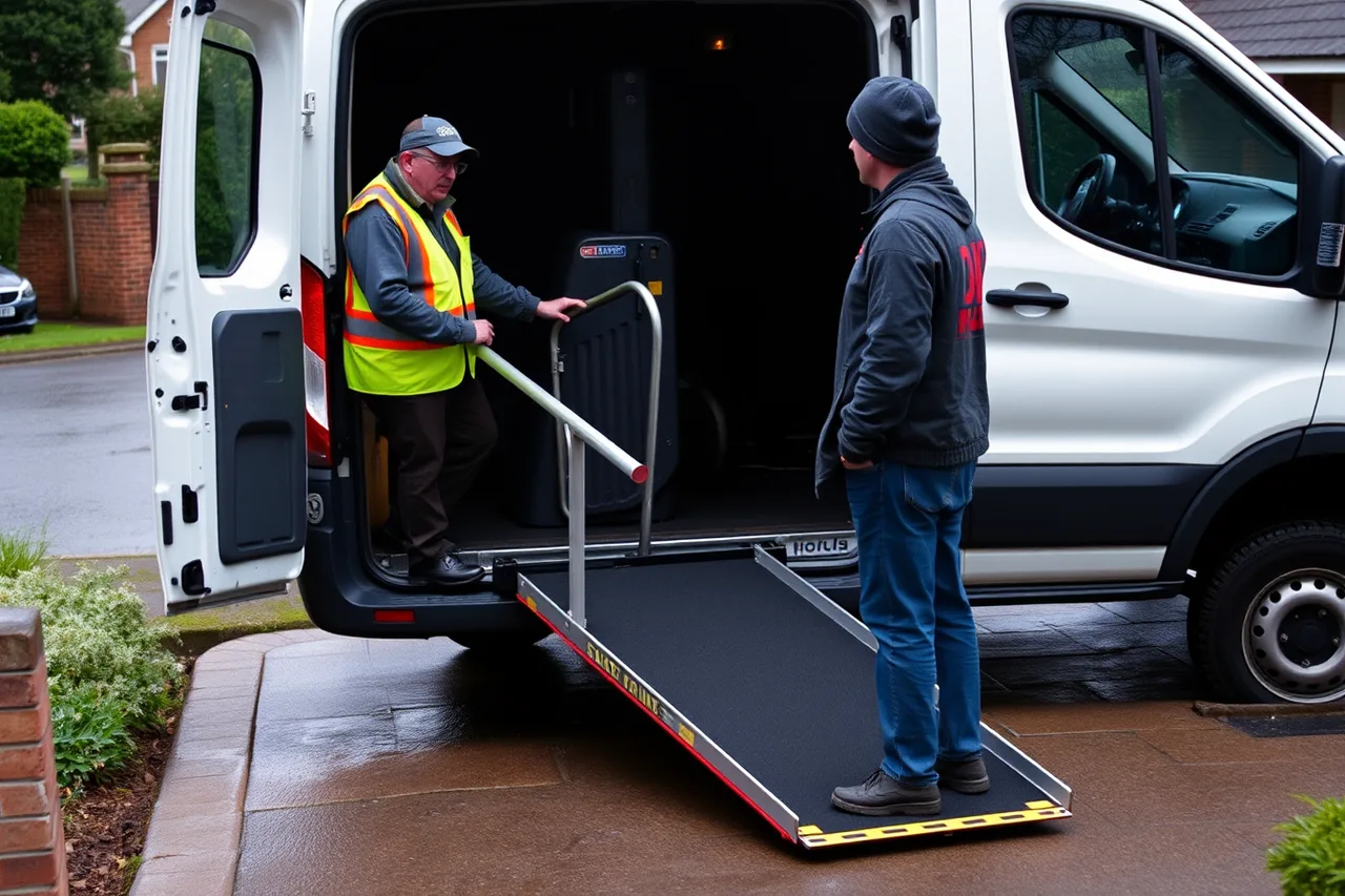 Driver deploying a wheelchair ramp on a wet sloped driveway (What a serious nemt employee training checklist covers)