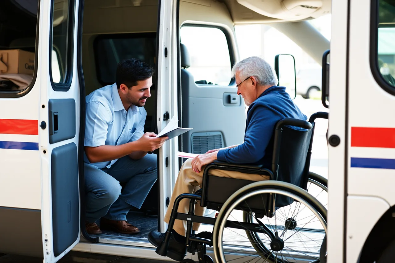 Driver crouching to speak with a passenger before moving the chair (What a serious nemt employee training checklist covers)