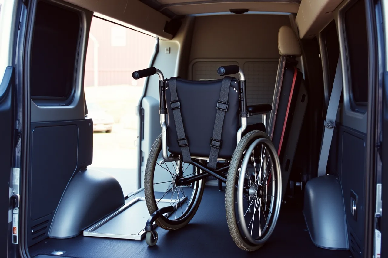 Driver securing wheelchair with four-point tie-down straps inside transit van (8 things to understand about nemt hiring and training)