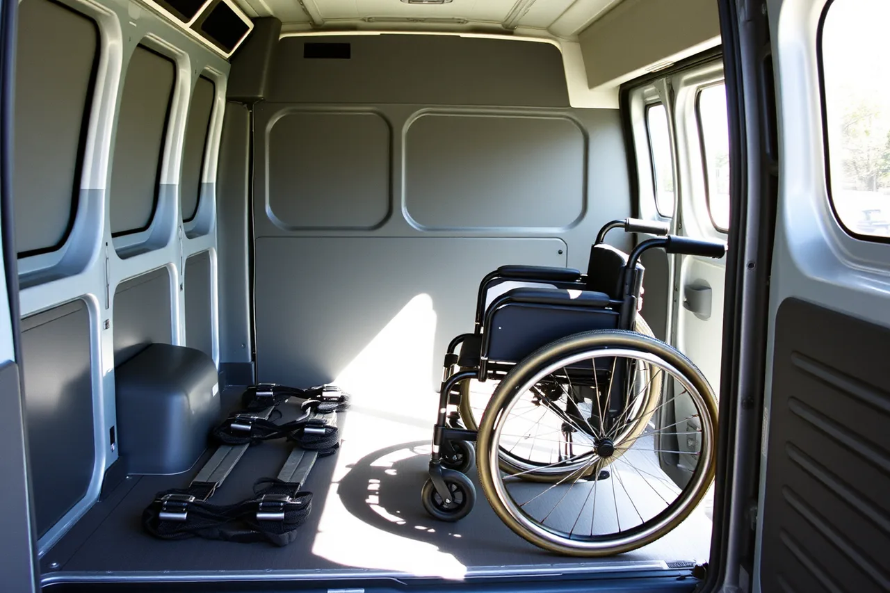Driver securing a wheelchair with tie-down straps inside a transit van (Nemt operations for owners who want less chaos)