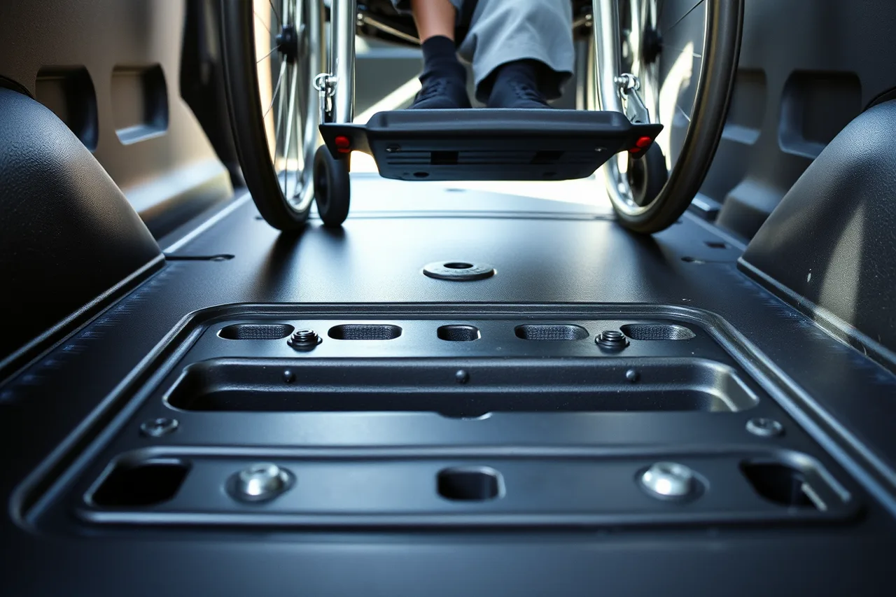 Transit vehicle floor track and wheelchair tie-down point before securement (NEMT Wheelchair Securement Rules by State: A Driver's Checklist)