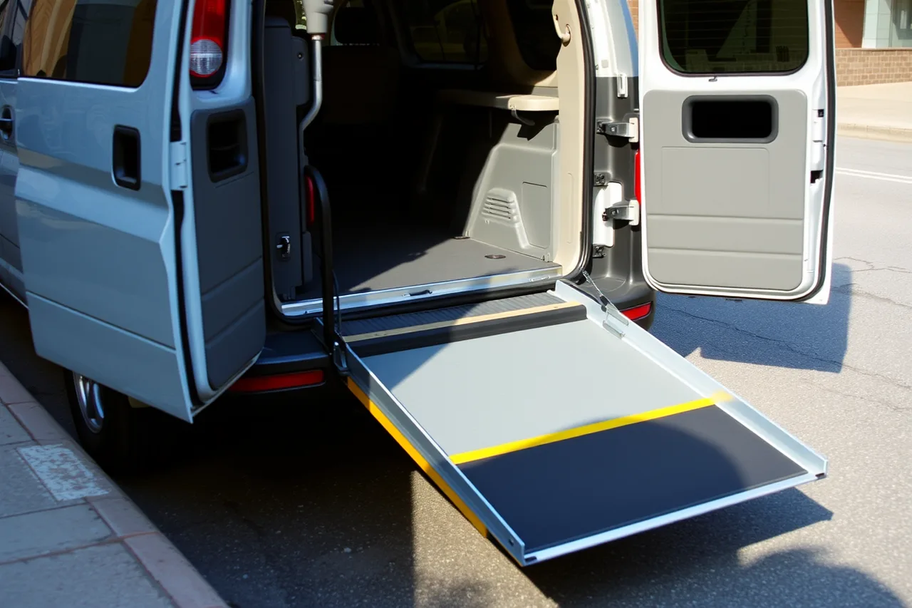Converted wheelchair van with side-entry power ramp deployed at a curb (What it actually costs to start an NEMT business, line by line)